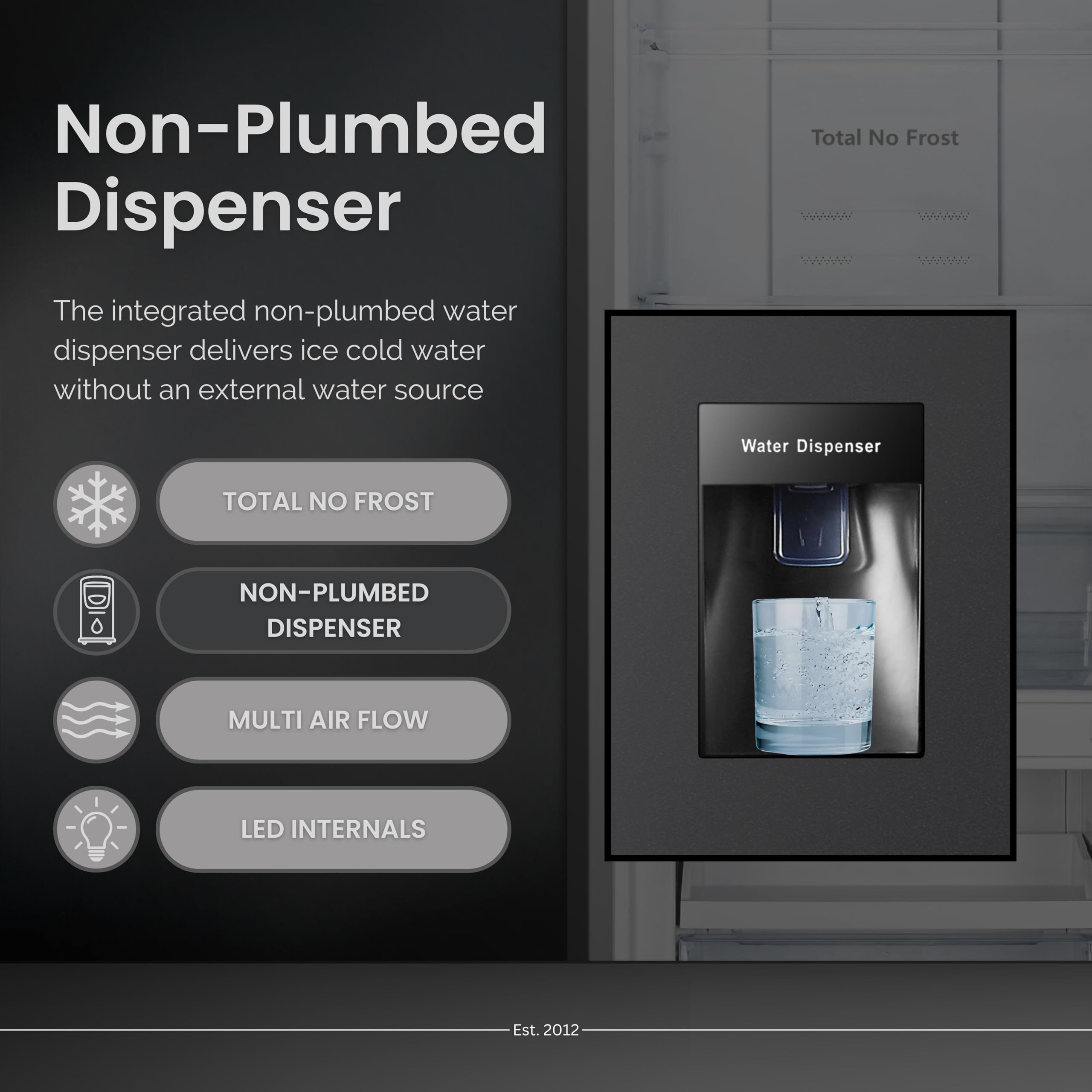 Teknix FFH1825WB 55cm Freestanding 50/50 Fridge Freezer - 256 Litre Capacity - Total No Frost - Non-plumbed Water Dispenser - Black, H182.5 x W55 x D56.2 (cm)