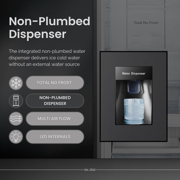 Teknix FFH1825WB 55cm Freestanding 50/50 Fridge Freezer - 256 Litre Capacity - Total No Frost - Non-plumbed Water Dispenser - Black, H182.5 x W55 x D56.2 (cm)