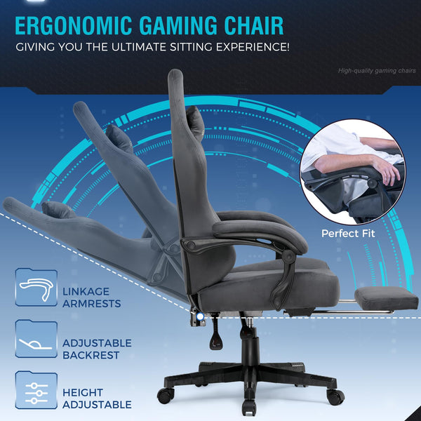 GTPLAYER Fabric Gaming Chair, Ergonomic Computer Chair with Footrest and Lumbar Support Height Adjustable Home Office with 360°-Swivel Seat and Headrest