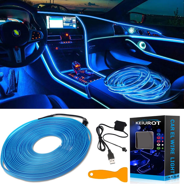 Keiurot El Wire Car Lights Neon Light for Car USB Ice Blue 10M/32Ft Car Ambient Lighting Atmosphere Car Led Interior Strip Light Sewing Edge Decoration Dashboard Lights Strip LED Trim Light