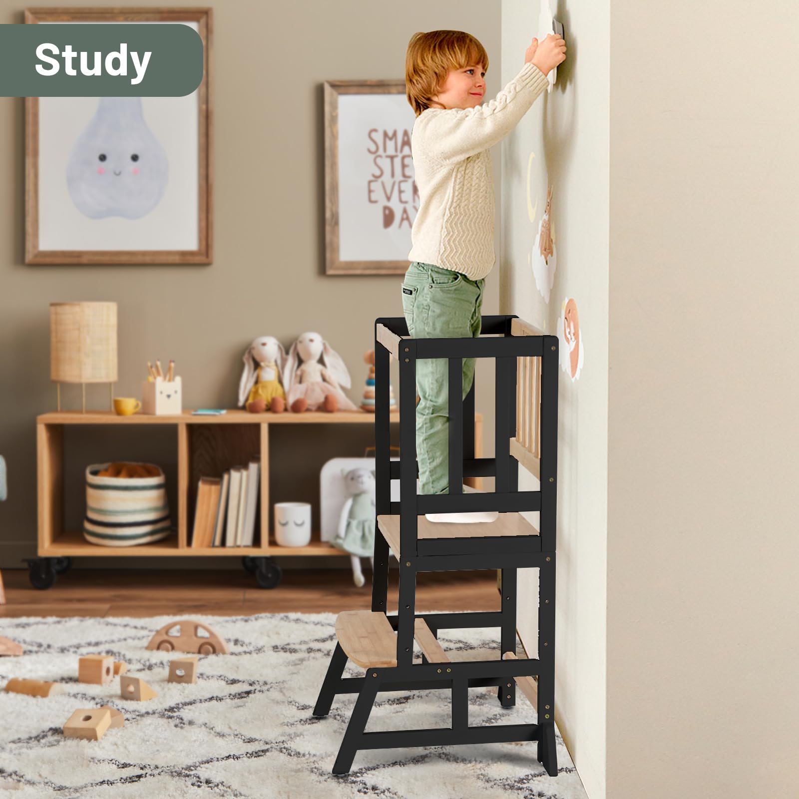 COSYLAND Height Adjustable Kids Kitchen Step Stool with Anti-tip Support Corners - Kids Standing Tower for Kitchen Counter, Bathroom, Nursery (Black)