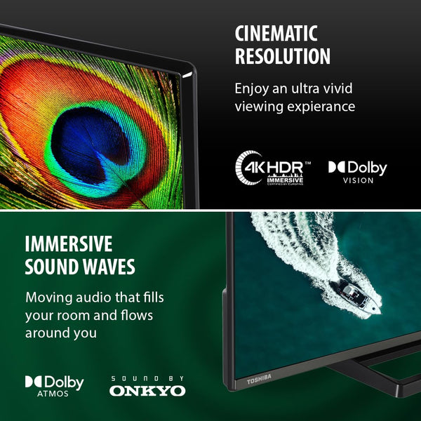 Toshiba UF3F 65 Inch Fire 4K HDR TV, TRU Picture Engine, HDR10, Dolby Vision & Atmos, Sound by Onkyo, DTS Virtual X, Alexa Voice Remote