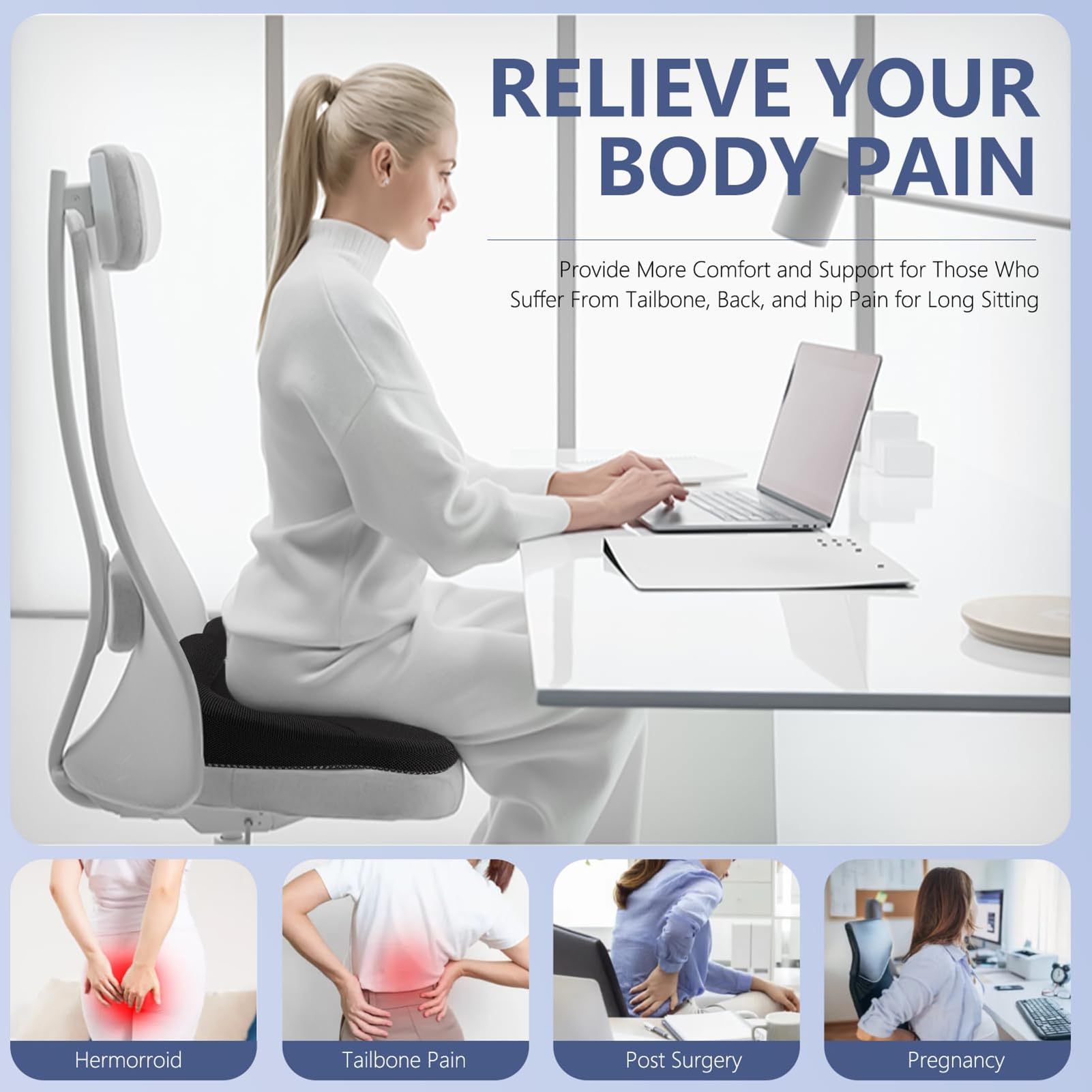 Extra Thicker Gel Seat Cushion for Long Sitting, Pressure Relief Seat Cushion, Chair Cushion for Back Pain, Egg Cushion for Car, Desk Chair,