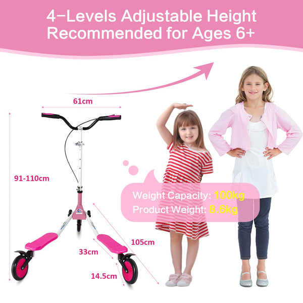 AOODIL Swing Scooter Adjustable 3 Wheels Foldable Wiggle Scooter Self Drifting for Kids/Adult Age 6 Years Old and Up (Pink)