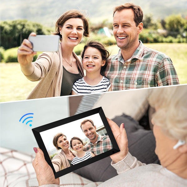 10.1 Inch WiFi Digital Photo Frame Built in 32GB Memory, 1280x800 IPS LCD Touchscreen, Auto-Rotate and Audio, Quick and Easy Share Photos or Videos via the Frameo App, the Best Choice for Gifting