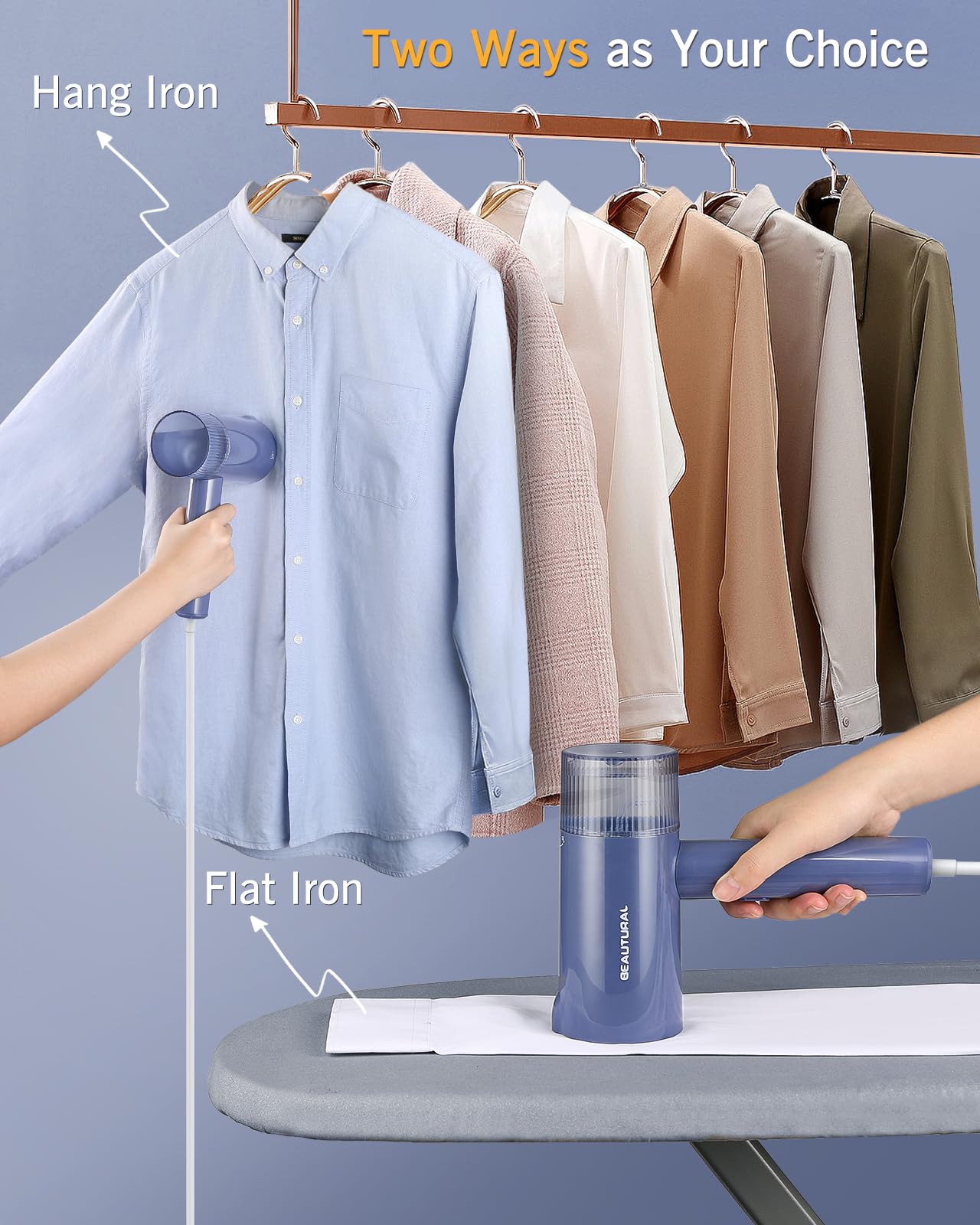 BEAUTURAL Clothes Steamer, Foldable Handheld Clothing Wrinkles Remover for Garments, Portable Mini Fabric Steam Iron for Home and Travel (White)