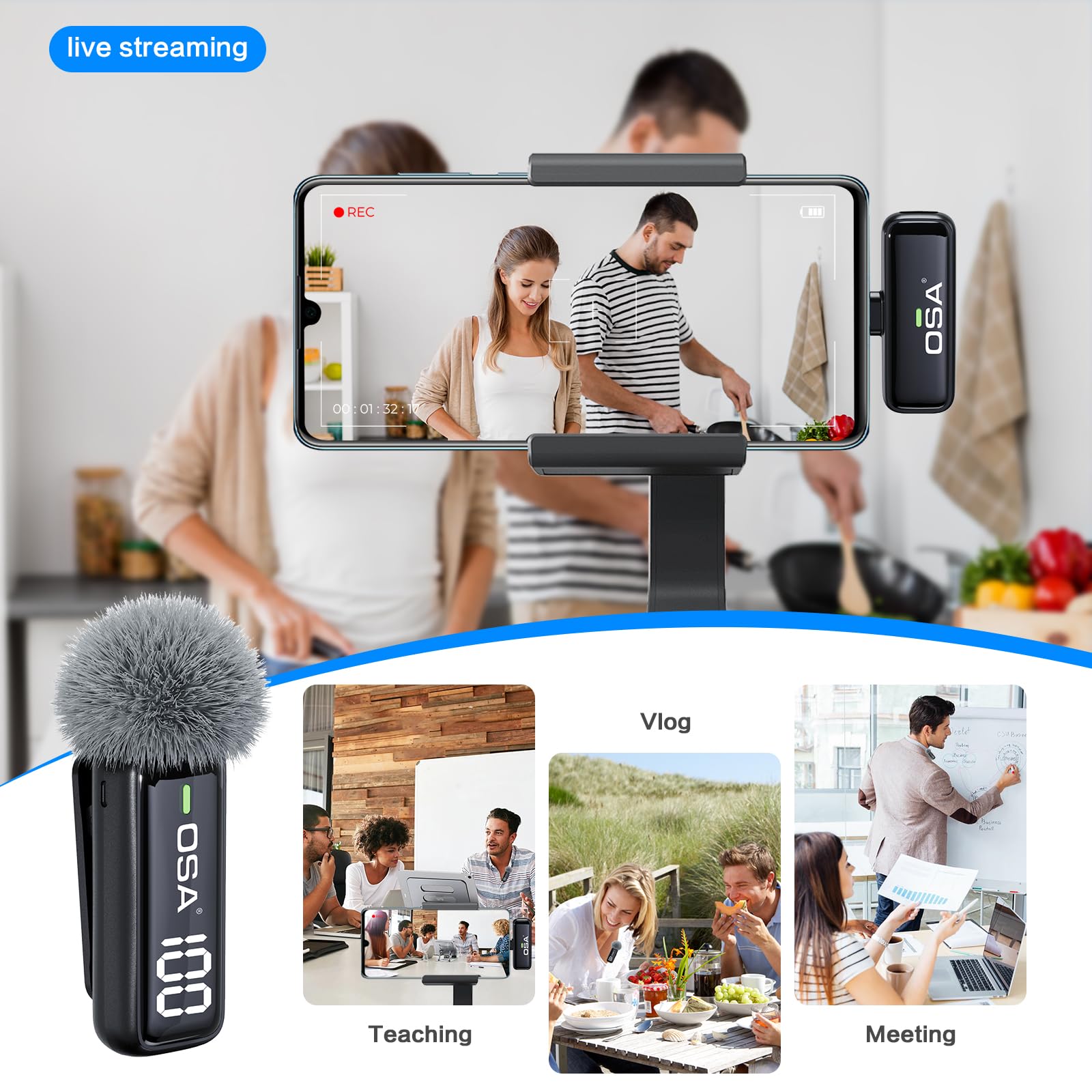 OSA Wireless Microphone for iPhone iPad with Smart Charge Case and Digital Display, 40H Clip on Wireless Lavalier Microphone with Noise Reduction for Video Recording, Plug & Play (2 Mic, 2 Recive)