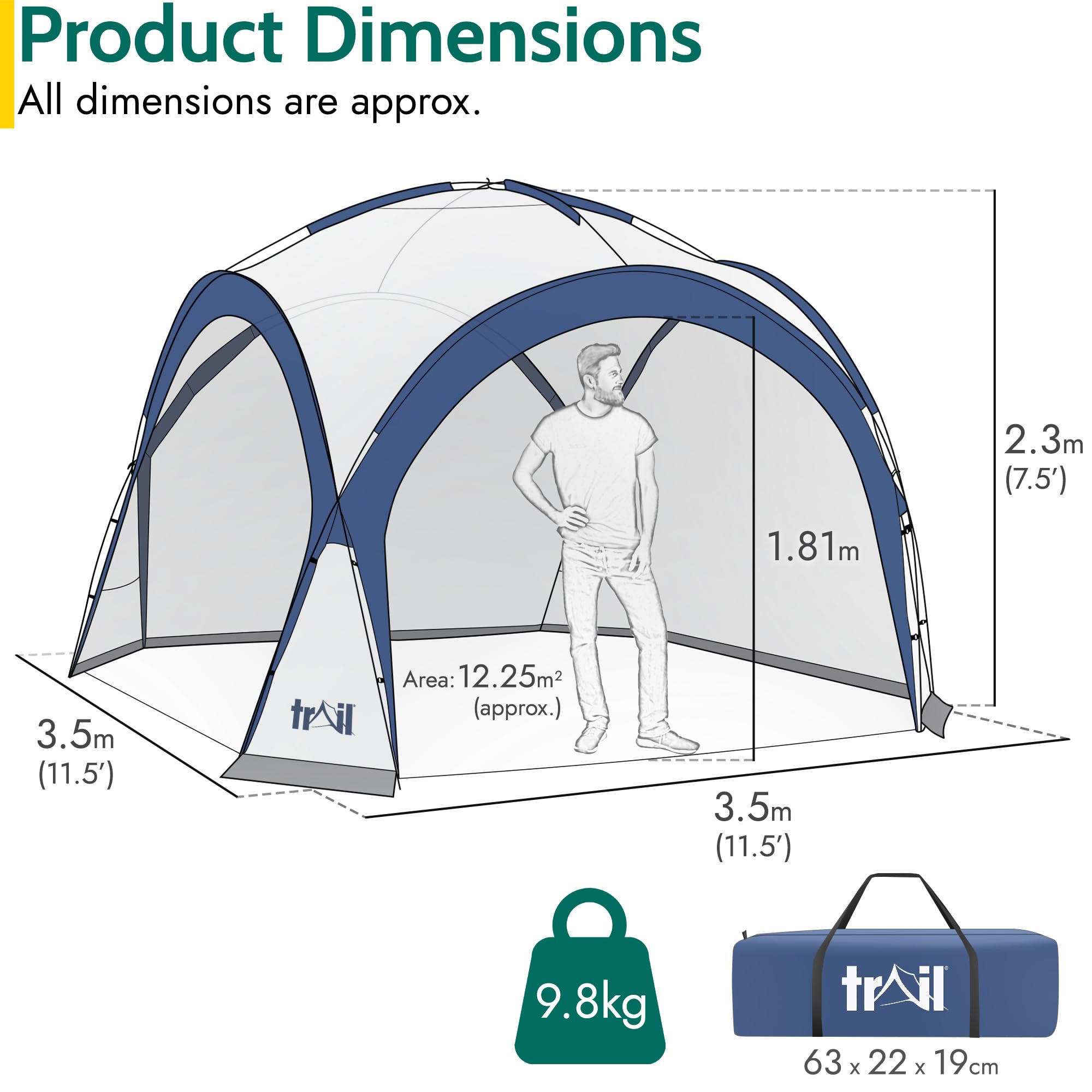Trail Gazebo with Zip Away Sides, Dome Event Shelter for Outdoor Camping Garden Festival, Waterproof 2000mm, UPF50+ UV Sun Protection, Travel Bag, 3.5m x 3.5m x 2.3m (Grey)
