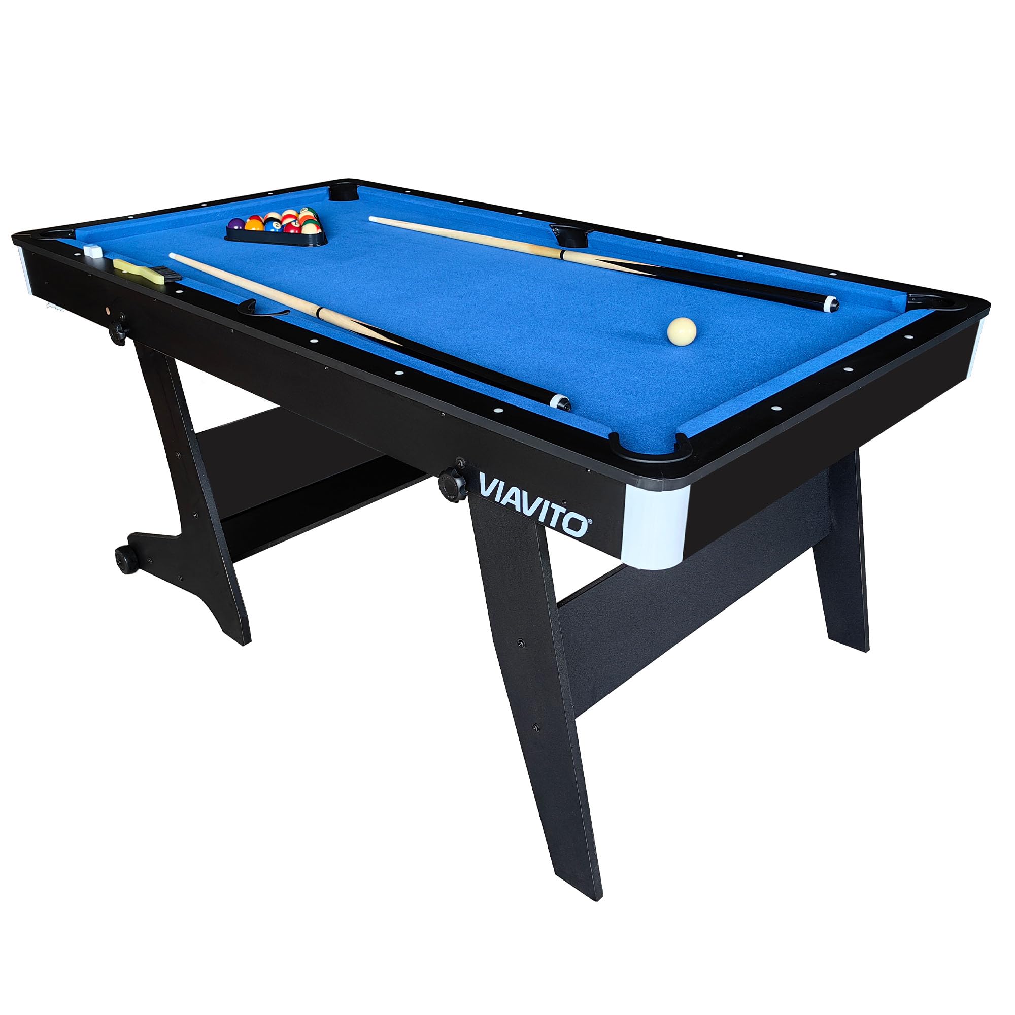 VIAVITO PT100X Folding Pool Billiards Table with Accessories, Space Saving Steady Portable Family Leisure Game Table Set for Kids & Adults w/Cues, Balls, Chalk, Triangle & Brush