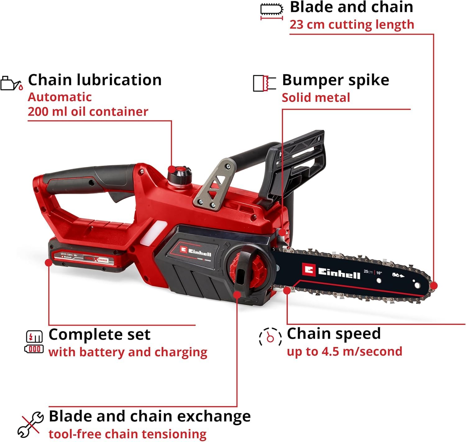 Einhell Power X-Change 18V Cordless Chainsaw - 10 Inch (25cm) Electric Chainsaw Cordless With OREGON Bar and Chain - GE-LC 18/25 Li Solo Battery Chainsaw (Battery Not Included)