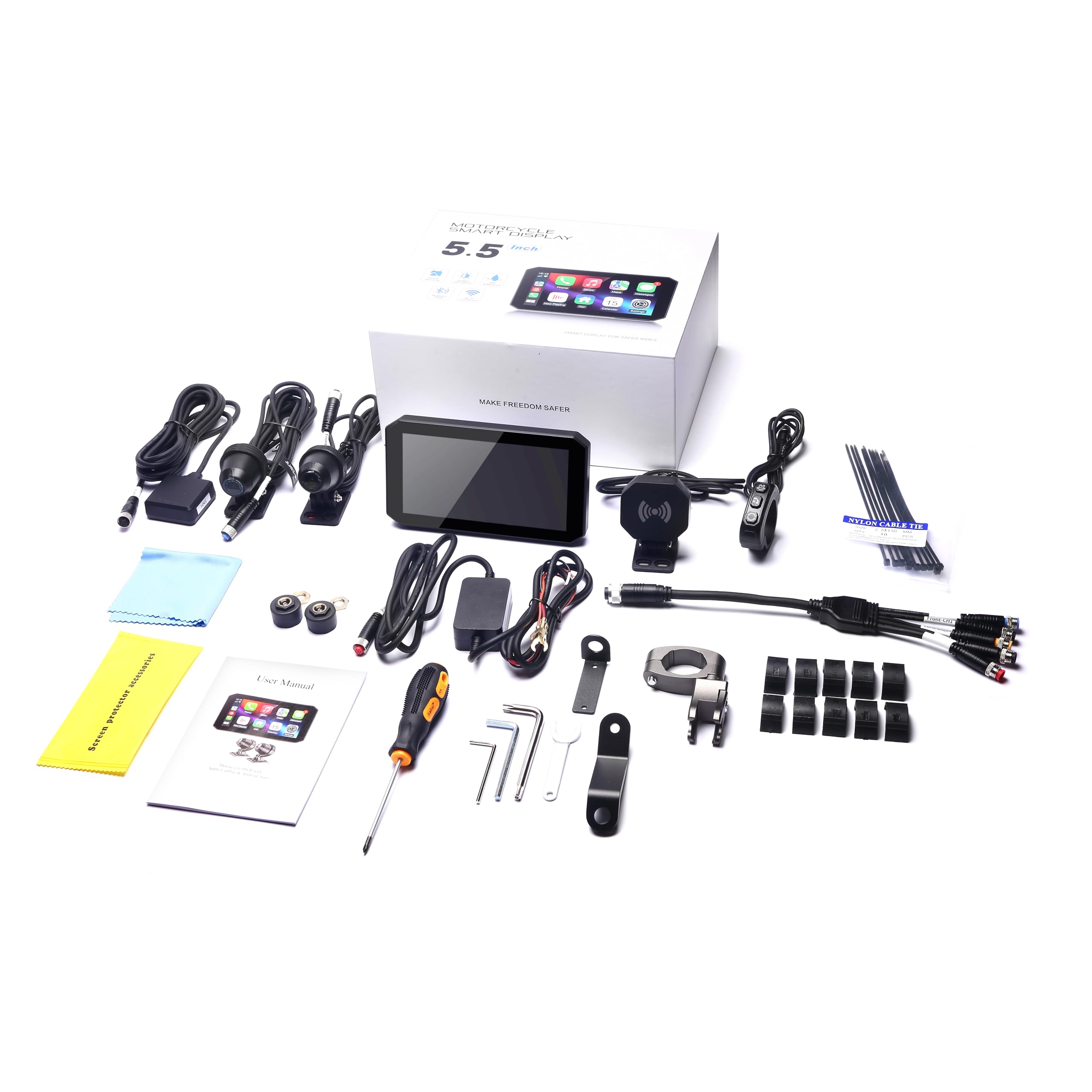 Motorcycle CarPlay Screen with 1080P Front and Rear Dash Cam,5.5" Wireless CarPlay & Android Auto GPS Navigation Touchscreen for Motorbike with BSD Radar Monitor,TPMS,IP67 Waterproof,Siri/Google