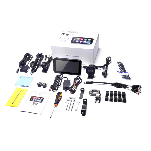 Motorcycle CarPlay Screen with 1080P Front and Rear Dash Cam,5.5" Wireless CarPlay & Android Auto GPS Navigation Touchscreen for Motorbike with BSD Radar Monitor,TPMS,IP67 Waterproof,Siri/Google