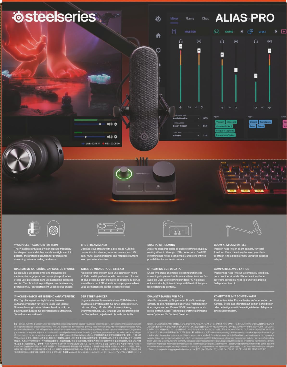 SteelSeries Alias USB Mic for PC — 3x Bigger Capsule for Gaming, Streaming and Podcasting — Sonar for Streamers Audio Software — AI Noise Cancelling — LED Mute & Level Monitoring — Shock Mount - Black