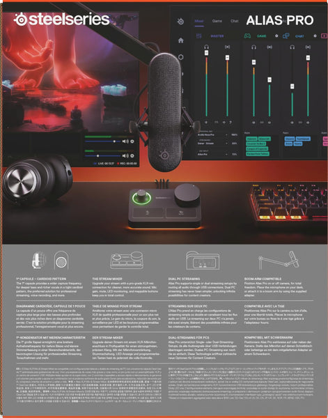 SteelSeries Alias USB Mic for PC — 3x Bigger Capsule for Gaming, Streaming and Podcasting — Sonar for Streamers Audio Software — AI Noise Cancelling — LED Mute & Level Monitoring — Shock Mount - Black