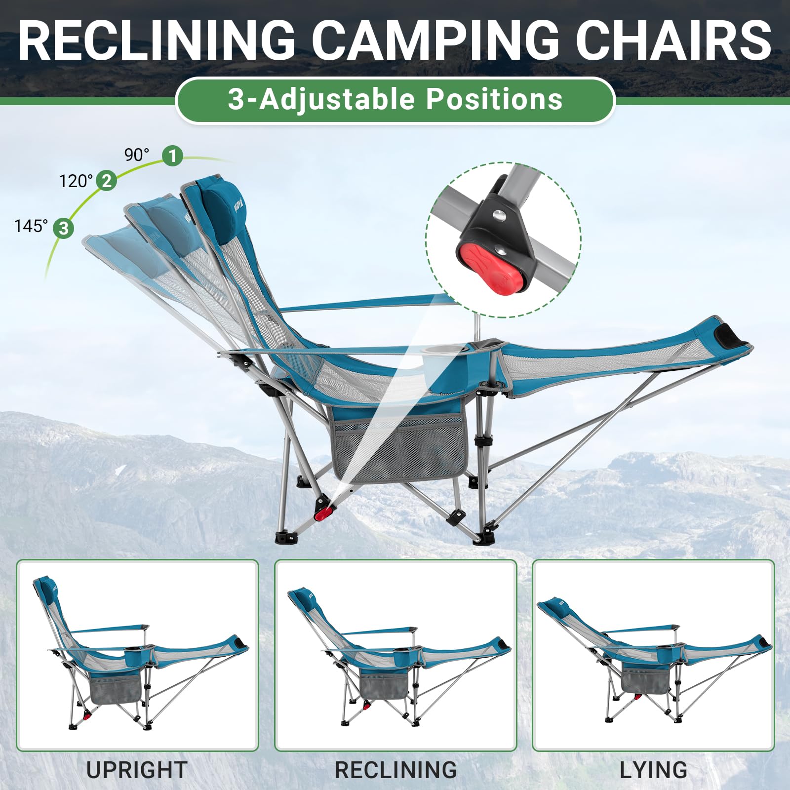 #WEJOY Camping Chairs Folding Recliner Chair Adjustable with Detachable Footrest Headrest Cup Holder Lightweight Portable Reclining Camp Chair Fold Up Chair for Outdoor Beach Garden, Cyan Set of 2