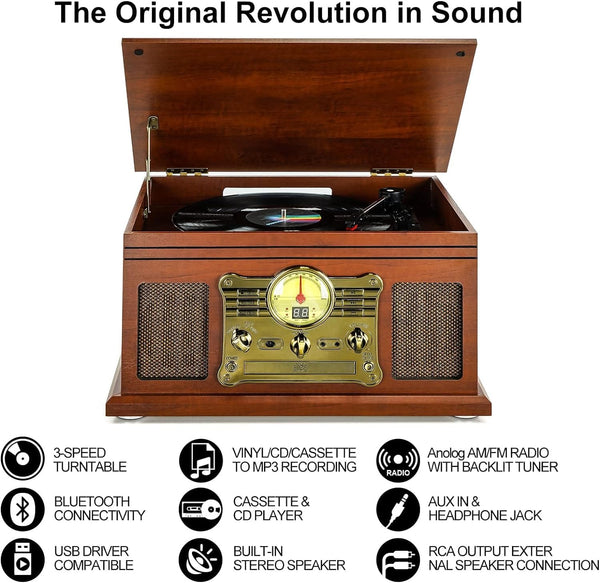 10-in-1 Bluetooth Record Player Multifunctional 3-Speed Turntable for Vinyl Record with Stereo Speaker,LP Vinyl to MP3 Converter with CD, Cassette Player,FM Radio,Wireless Music Streaming | Mahogany