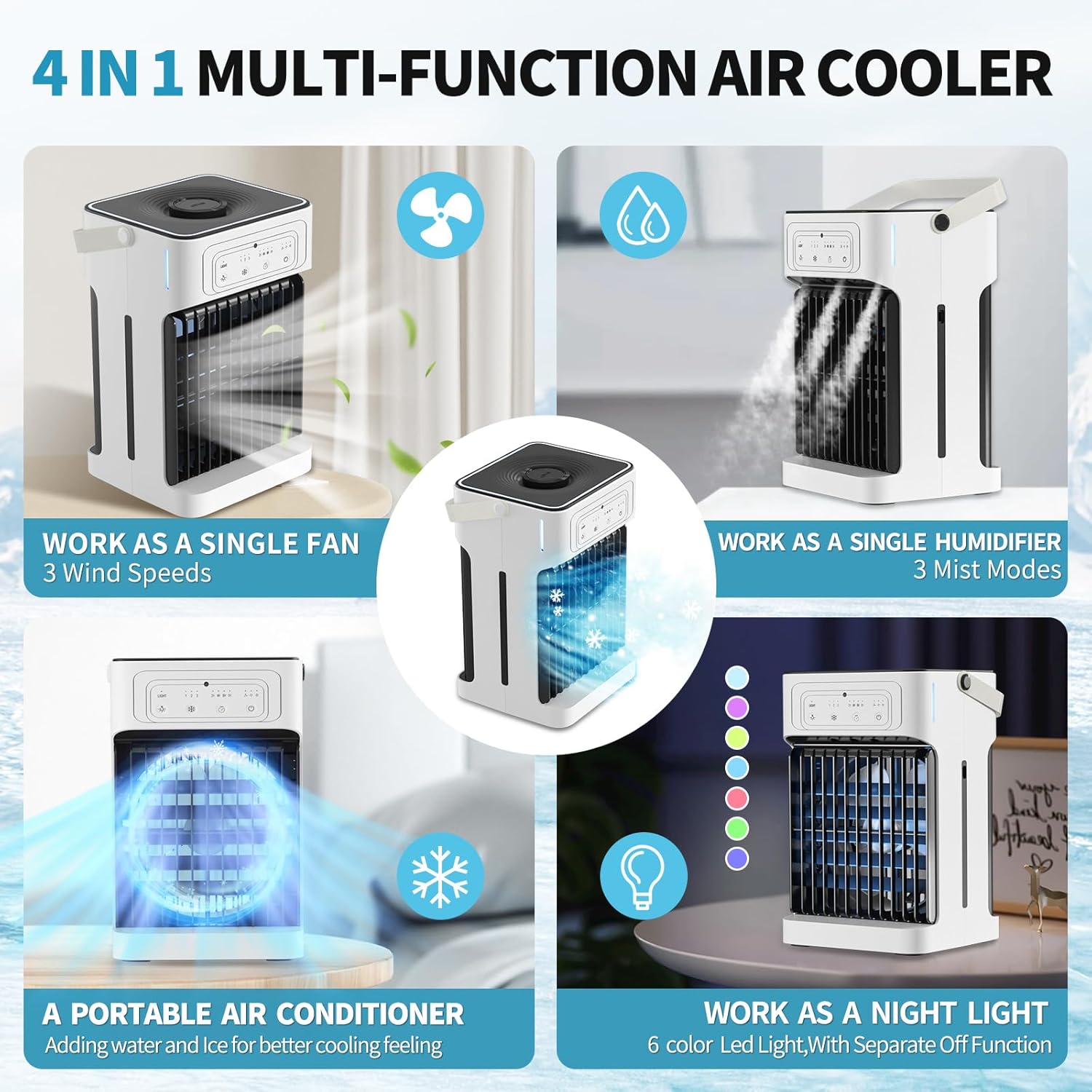 Portable Air Conditioner with Remote Control,Dual Motor & Dual Fan,1100ML Mini Air Conditioning Unit 2-8H Timer 6 Led Lights 3 Speeds 3 Mist Mode,USB Air Cooler Fan for Home Bedroom