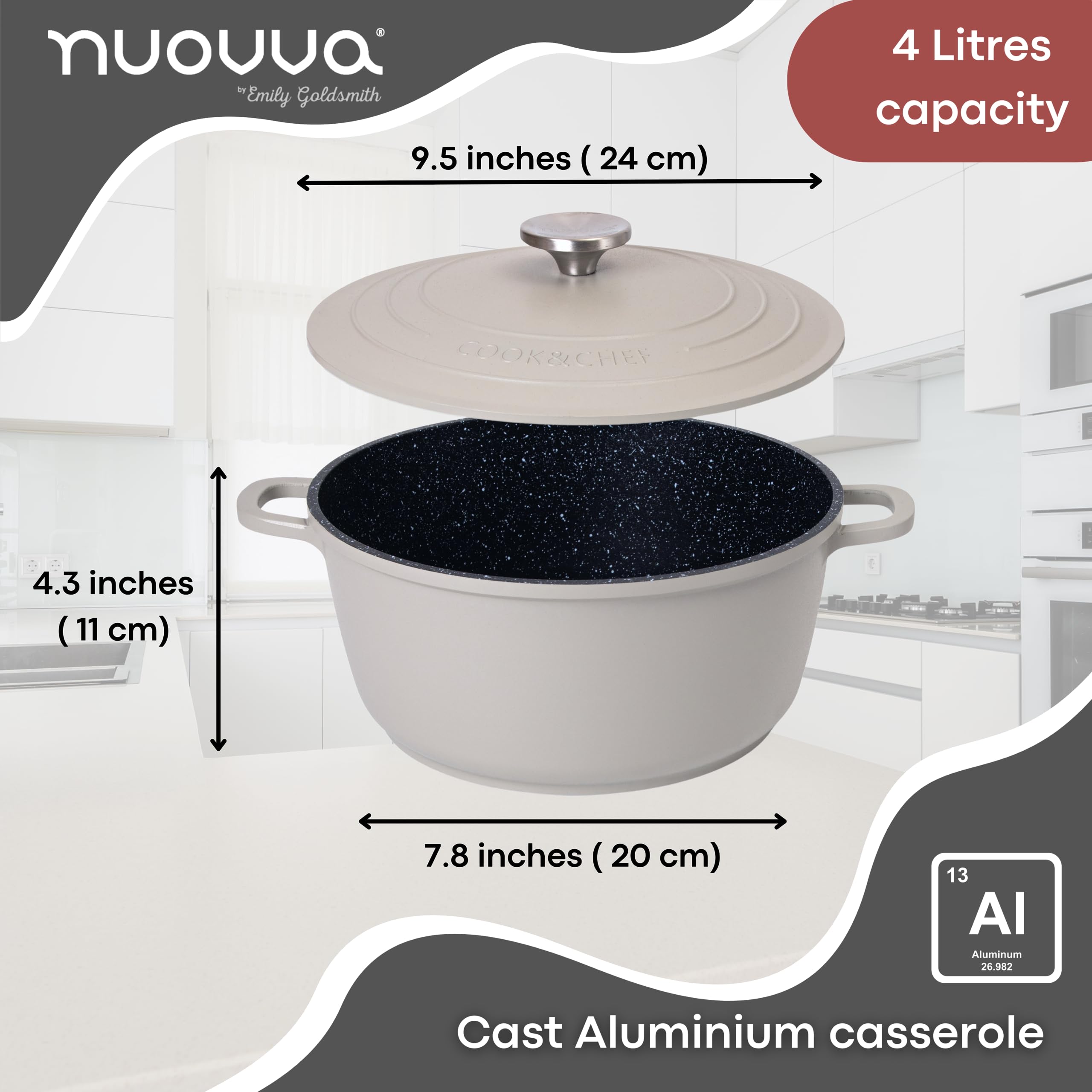 Casserole Dishes with Lid Oven Proof  Non Stick Deep Dutch Oven  Induction Cooking Pot  Oven Safe Aluminium Stockpot  4L, 24cm, Grey  by Nuovva