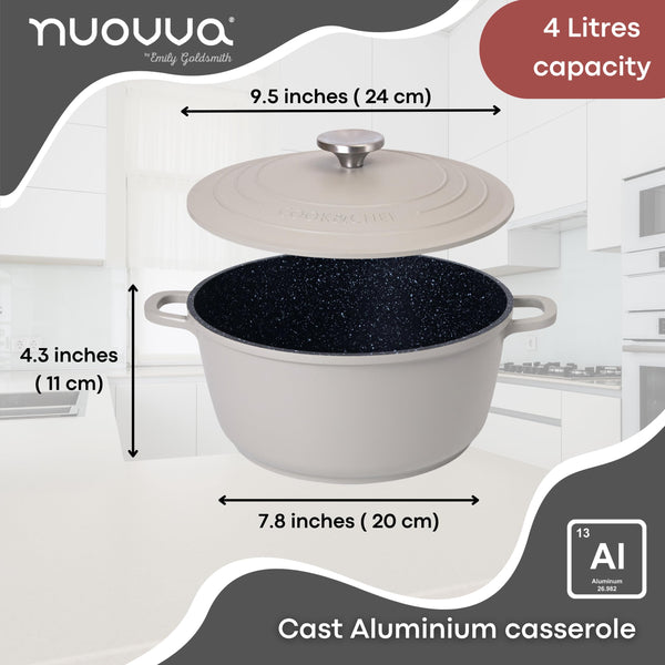 Casserole Dishes with Lid Oven Proof  Non Stick Deep Dutch Oven  Induction Cooking Pot  Oven Safe Aluminium Stockpot  4L, 24cm, Grey  by Nuovva