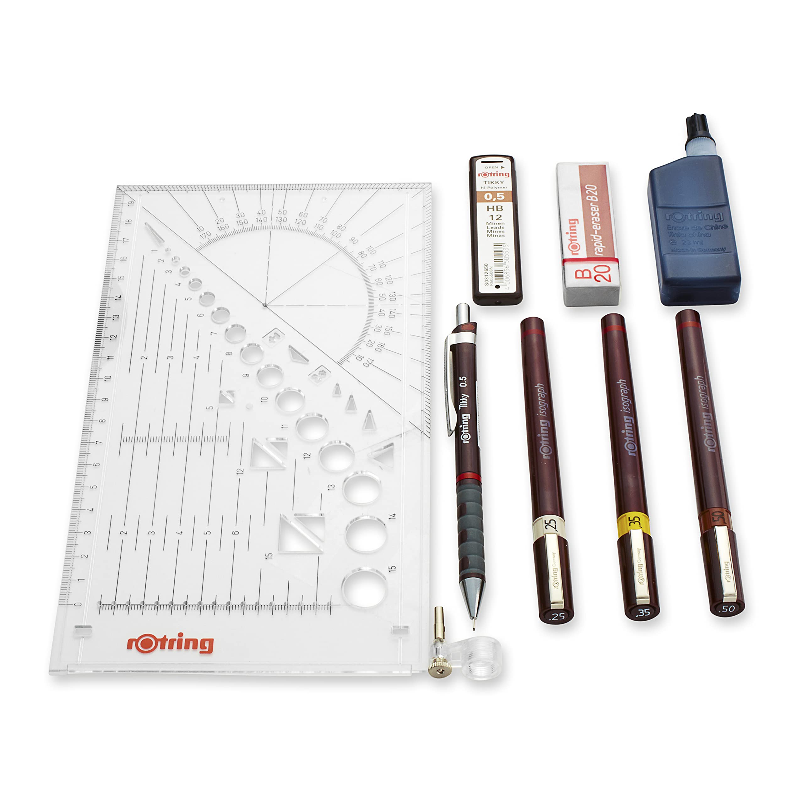 rOtring Isograph Pen Set Technical Pen & Pencil College Set | 3 Pens (0.20mm0.30mm0.50mm) and Mechanical Pencil (0.5mm) + Accessories