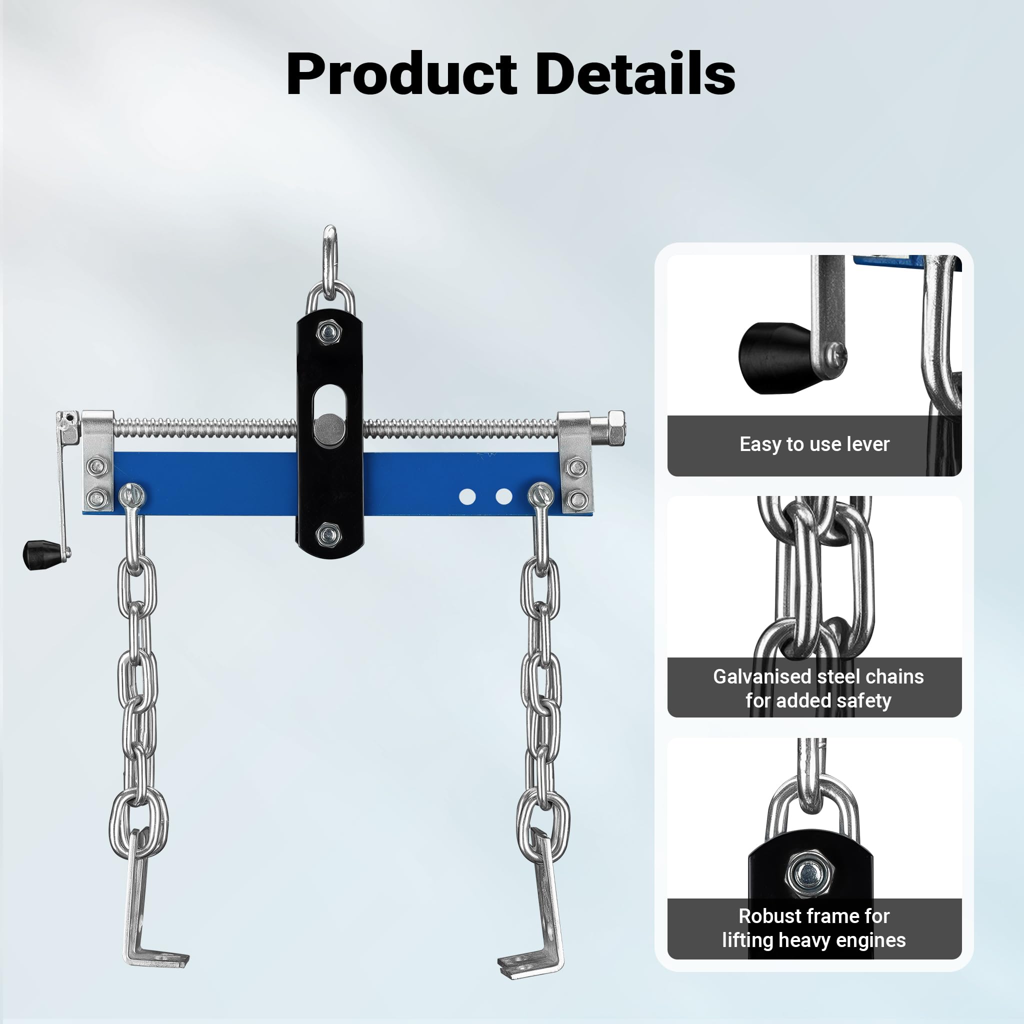 WilTec Solid Steel Engine Load Leveller - 750kg Max, Easy To Connect To Workshop Crane & Engine Stand, Includes four Chains with Safety Hooks