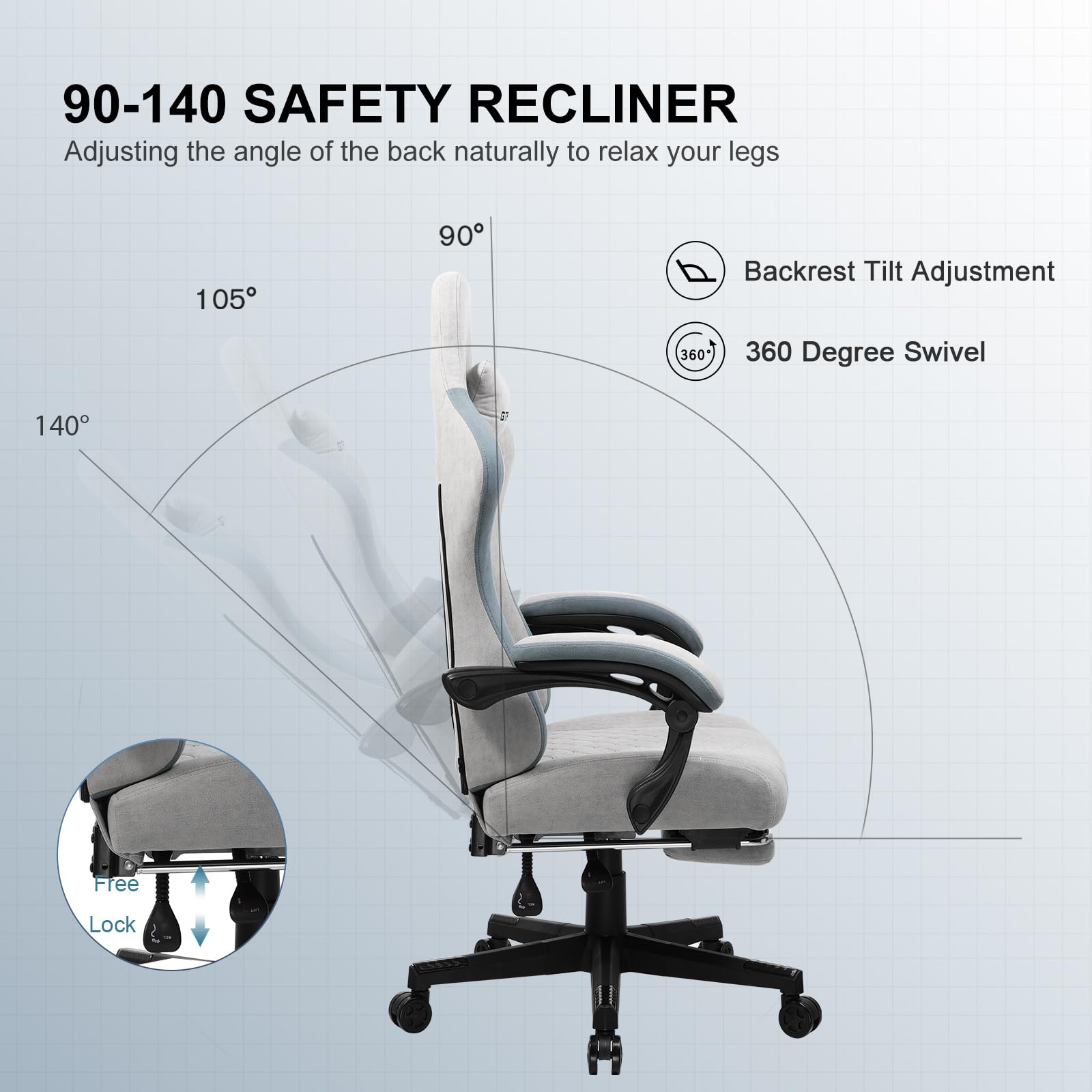 GTPLAYER Fabric Gaming Chair with Footrest, Ergonomic Computer Desk Chair with Pocket Spring Cushion Home Office High Back Support Lumbar Support Heavy Duty Wide