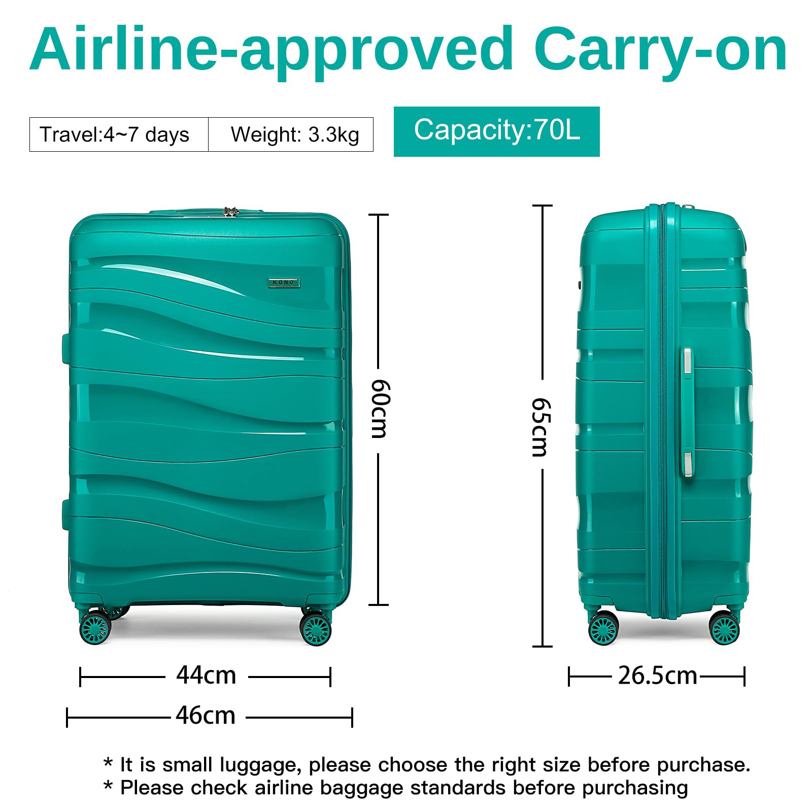 Kono Luggage Sets of 2 Piece Lightweight Polypropylene Hard Shell Suitcase with TSA Lock Spinner Wheels Travel Carry On Hand Cabin Luggage with Beauty Case (Set of 2, Black)