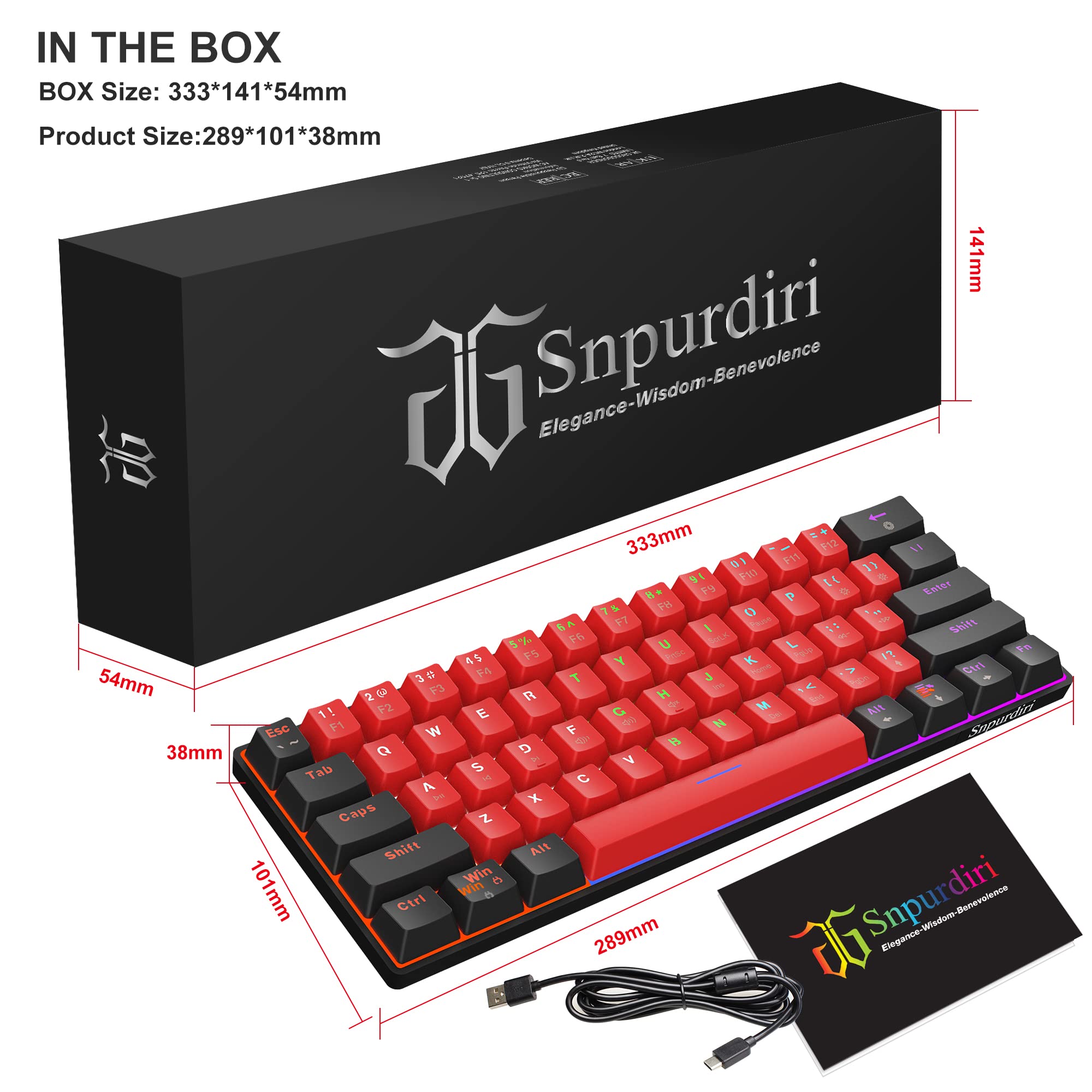 Snpurdiri 60% Wired Mechanical Gaming Keyboard, Mini 61-Key With Red Switches for PC, Windows XP, Win 7, Win 10 (Black-Red)