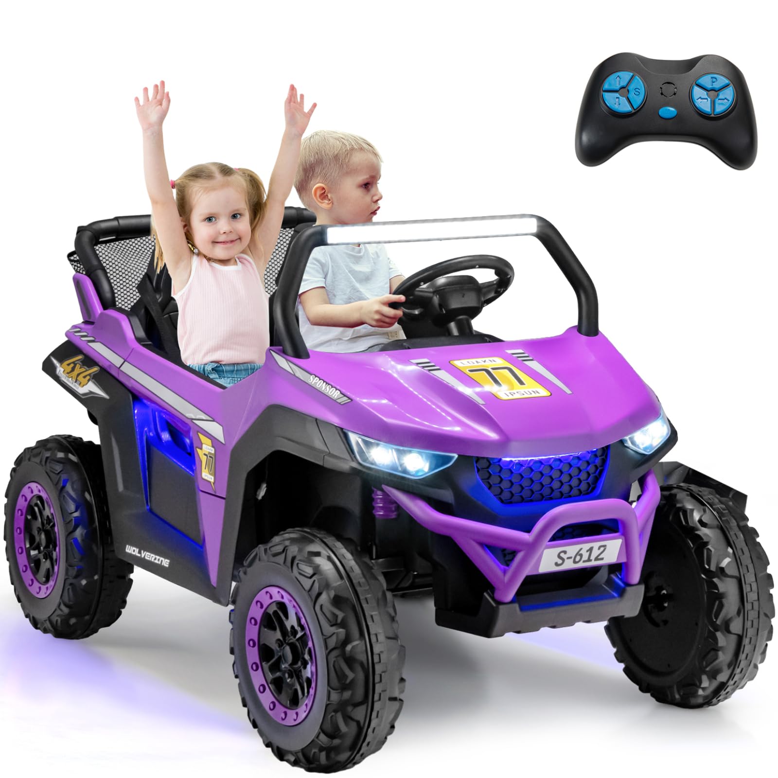 Kids Electric UTV, 2-Seater 12V Battery Powered Toy Car with Remote Control, Lights, Bluetooth, MP3, USB, FM, High/Low Speed & Suspension Spring, Children Ride on Car for 3-8 Years Old (Yellow)