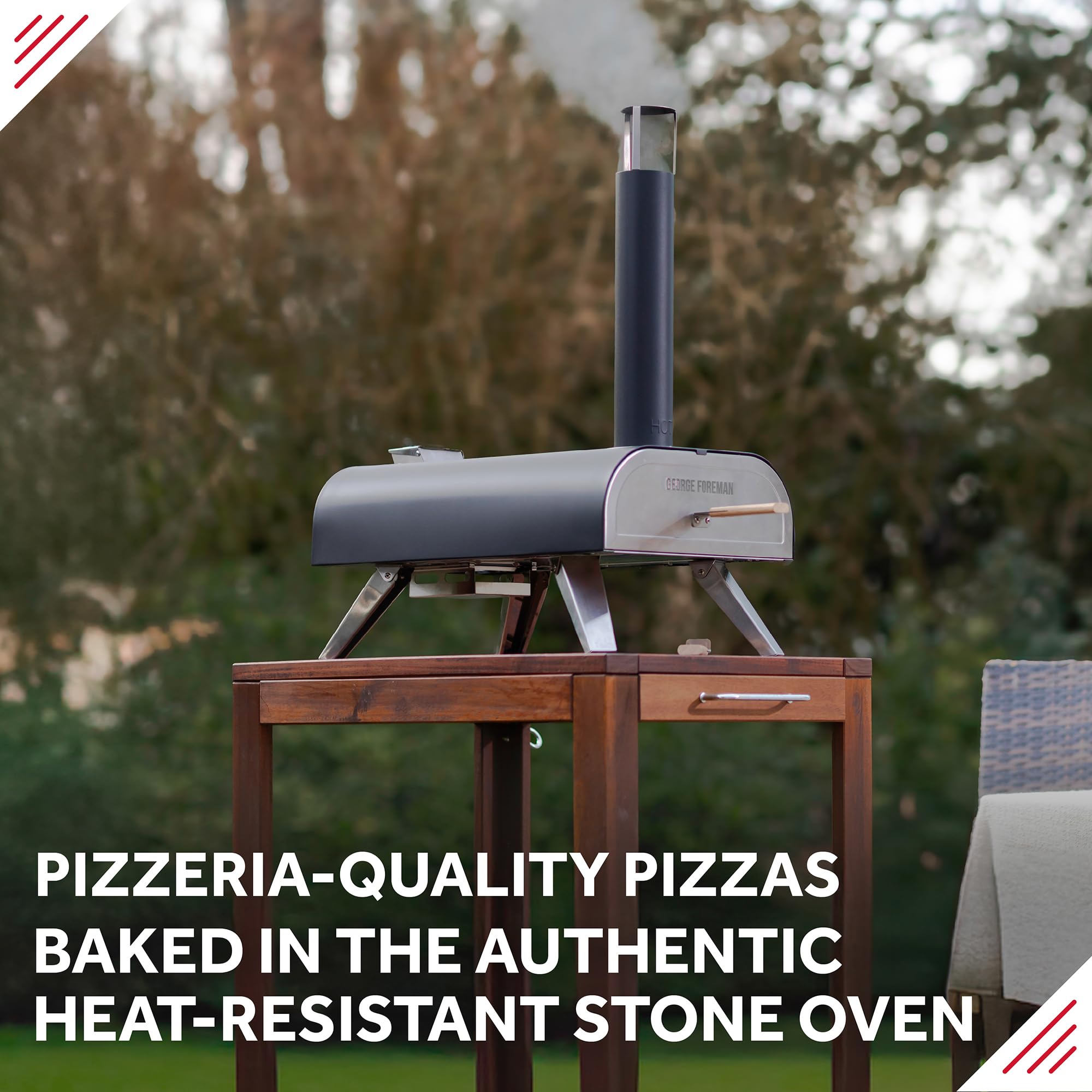 George Foreman Outdoor 12 Inch Wood Pellet Portable Wood Fired Pizza Oven Stainless Steel with Paddle and Carry Bag, BBQ Oven & Smoker, Foldable Legs GFWPPO1SSPC