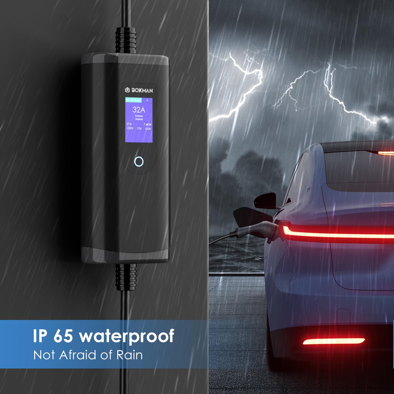 bokman EV Charger Type 2 to 3 Pin Plug, 5M / 3.3kW / 13A / IP65 Waterproof, Electric Car Charger with LED Indicators, Type 2 Charging Cable 3 Pin with Carry Bag & Microfiber Towel