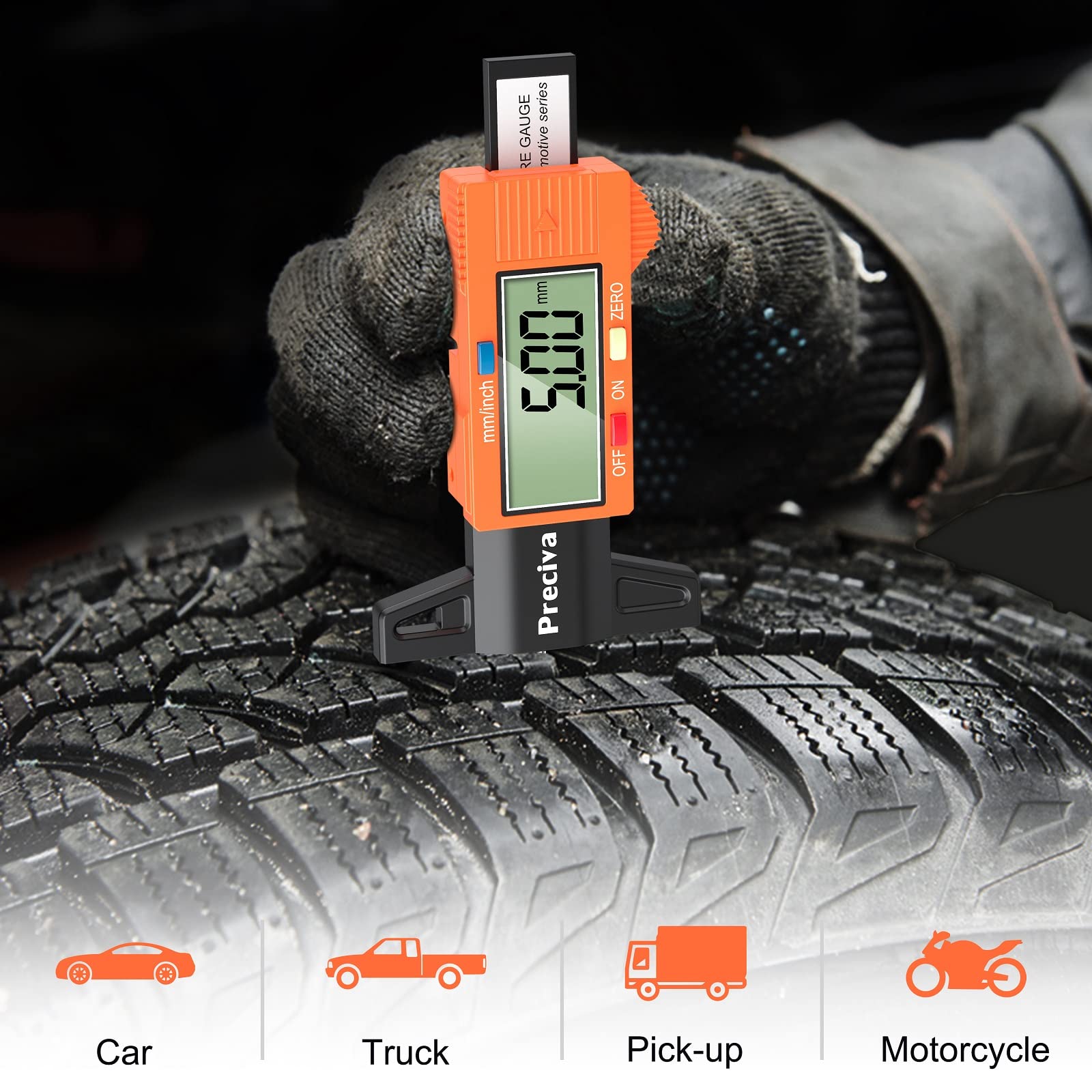 Tyre Tread Depth Gauge, Preciva Silver 0-25.4mm/Inch Digital Tire Checker UK, Tyres Depths Measuring Tool with Large LCD Screen for Cars, Trucks, Vans