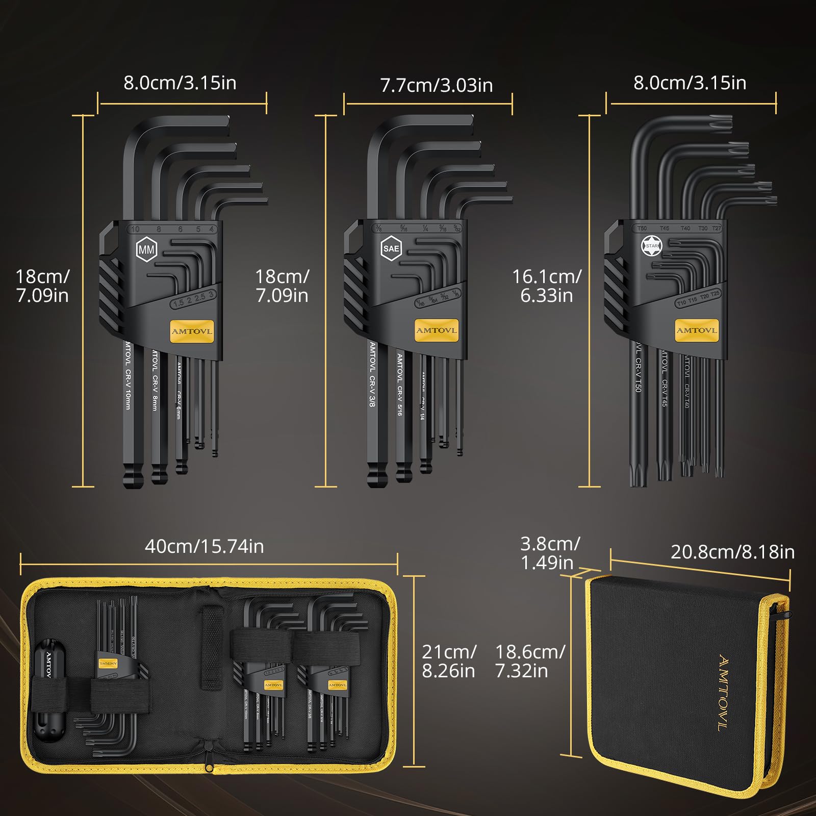 AMTOVL Hex Keys Set, 27PCS Allen Key Set & Star Key Set, Magnetic S2 Steel Metric Imperial Extra Long Ball End Hex Key Set with Color Coding with T-Handle for Bicycle Repair Household DIY