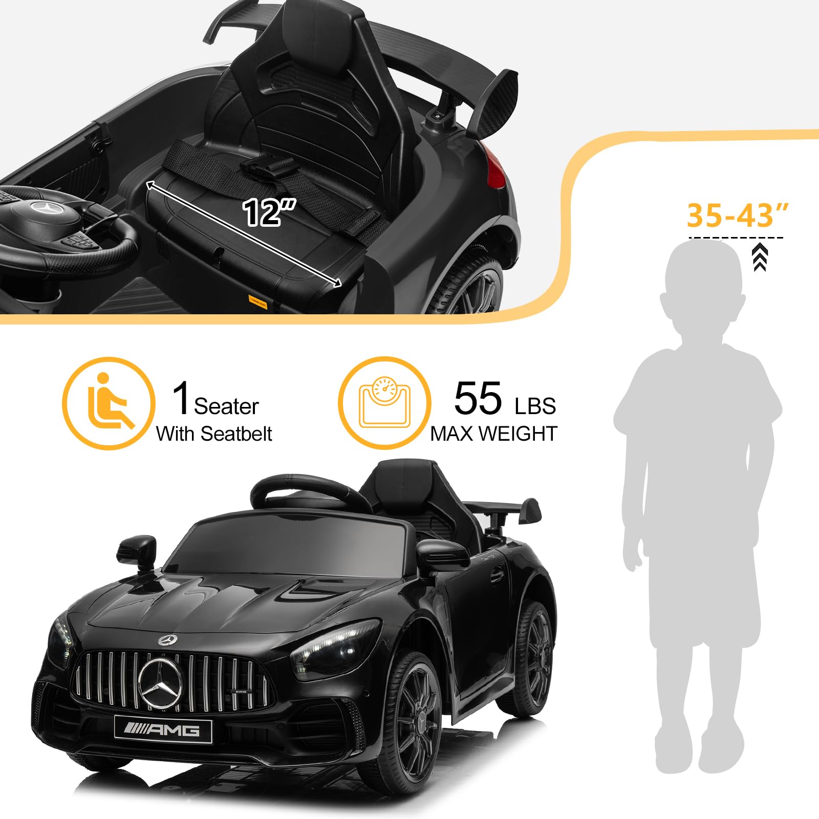 Karlhome 12V Ride on Car, Licensed Mercedes Benz AMG GTR with Parental Remote, 2 Motors Electric Car for Kids to Drive w/Wider Seat, LED Lights, Openable Doors, MP3, Smooth Start, 3 Speeds - Black