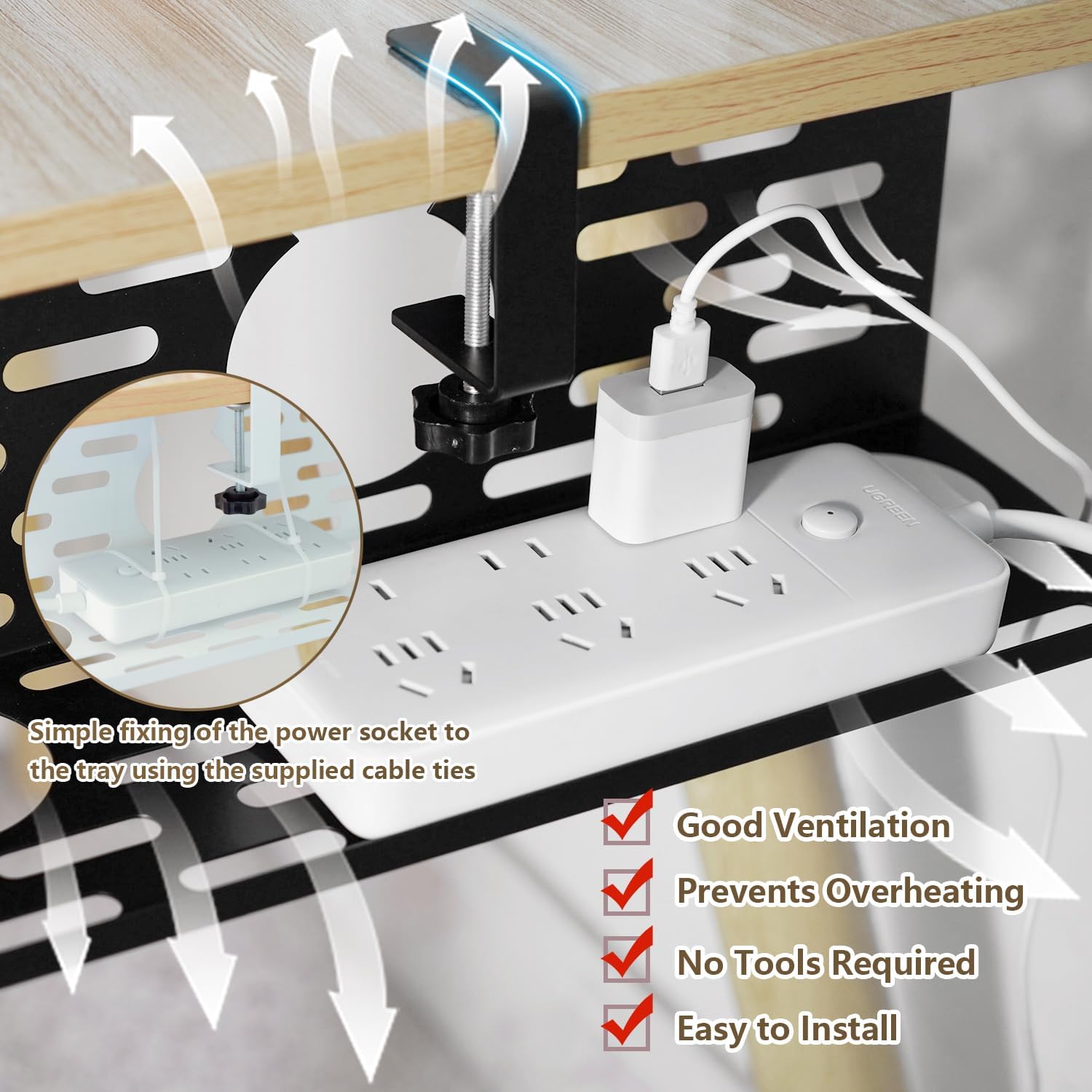 Viakty Under Desk Cable Management Organiser, 1 Pack, 35 x 13.4 x 12 cm, No Drill, Black