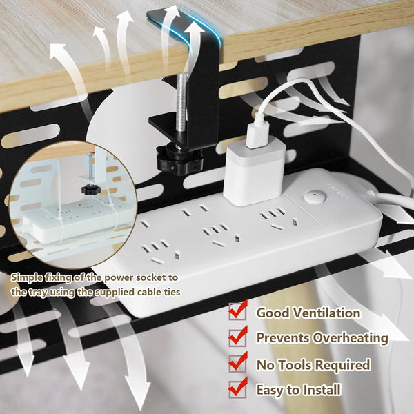 Viakty Under Desk Cable Management Organiser, 1 Pack, 35 x 13.4 x 12 cm, No Drill, Black