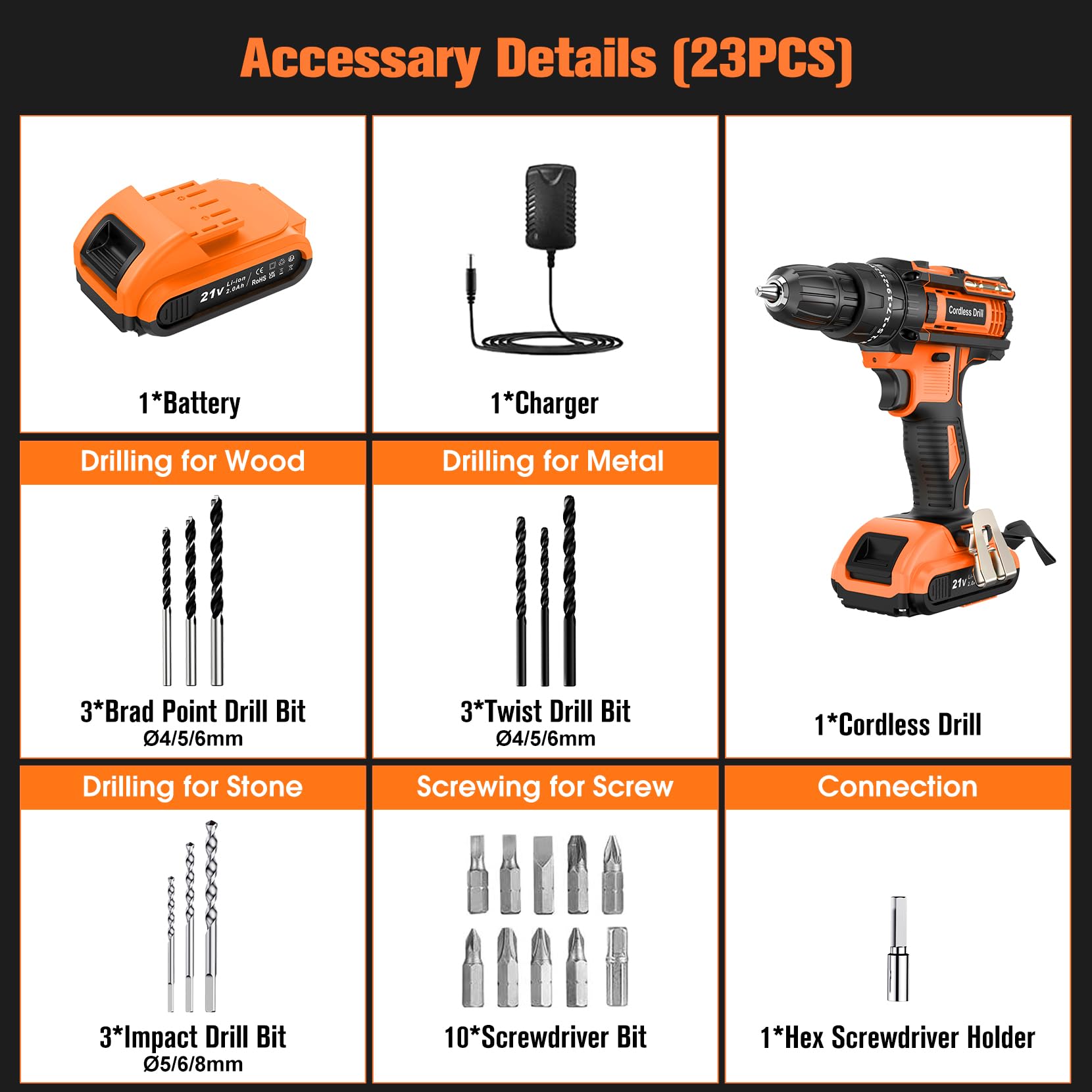 DYJPOW Brushless Cordless Hammer Drill Driver 21V, 2 Batteries 2000mAh, 20+3 Torque, 45N.m Max, 14PCS Drill Bits, 2 Speed, LED Light for Home, Garden DIY