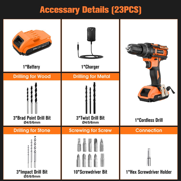DYJPOW Brushless Cordless Hammer Drill Driver 21V, 2 Batteries 2000mAh, 20+3 Torque, 45N.m Max, 14PCS Drill Bits, 2 Speed, LED Light for Home, Garden DIY