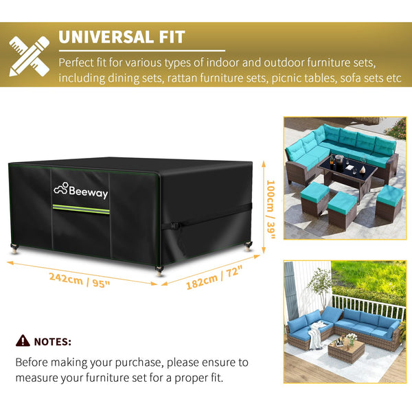 BEEWAY Garden Furniture Cover With Air Vent, Waterproof Patio Rattan Sofa Table Chair Set Cover - 420D Oxford Fabric, Windproof - Rectangular 242 x 182 x 100cm