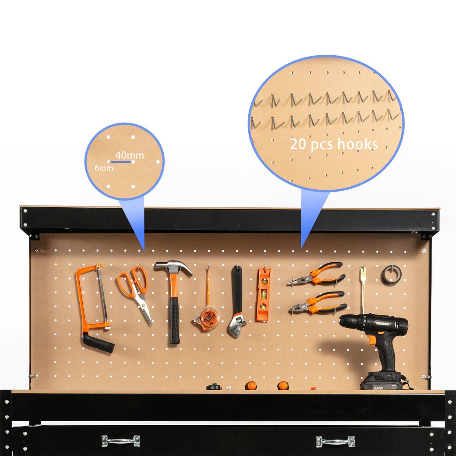 SwitZer New Red Steel Garage Tool Box Toolbox Work Bench Workbench Storage With Drawers Pegboard and 20 Pegs Shelf DIY Workshop Station