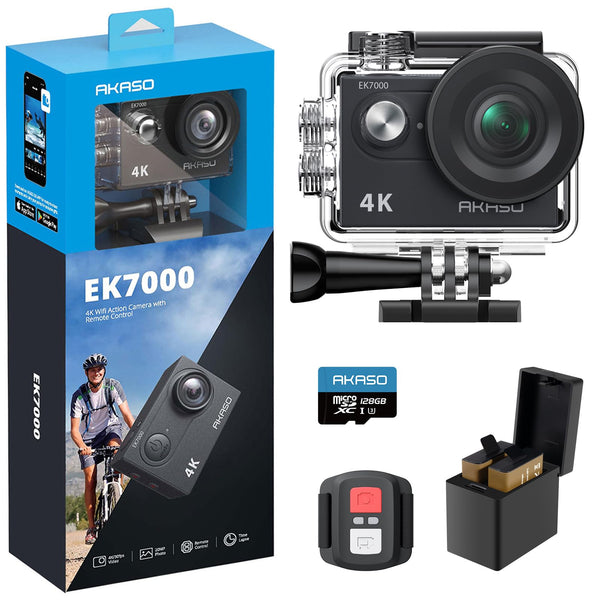 AKASO EK7000 Action Camera Floating Hand Grip Bundle - Includes 4K30FPS EK7000 Underwater Camera, Floating Hand Grip, 2 Batteries, Carrying Case, and Accessory Kits