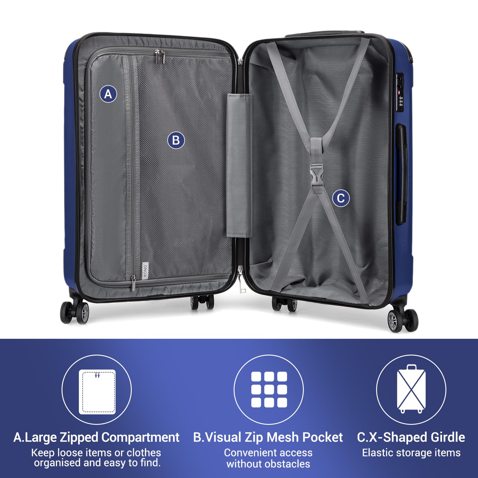 Kono 28 Inch Large Hard Shell Luggage Lightweight ABS 4 Wheels Spinner Business Trip Trolley Case Suitcase (Grey)