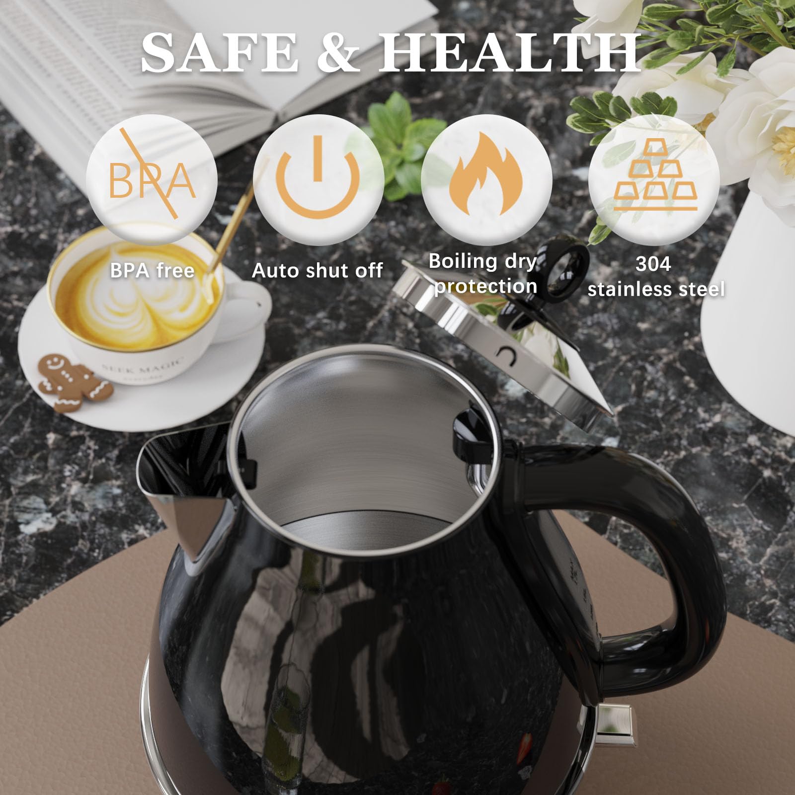 Anfilank Electric Kettles Fast Boil 3000W, 1.7L Stainless Steel Kettle, BPA Free, Auto Shut-Off and Boil-Dry Protection, Black