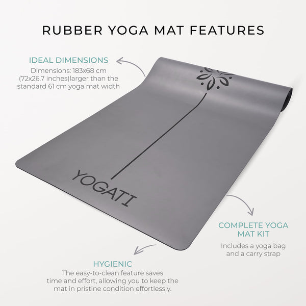 YOGATI Natural Rubber Yoga Mat with Yoga Bag and Carry Strap. Non-Slip Yoga Mat for women and men with Alignment lines. Perfect Exercise Mat for home.