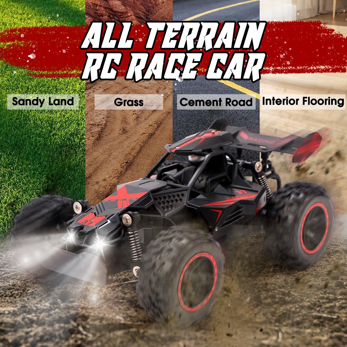 RUIDYA Kids RC Race Cars, 2.4GHz 1:18 Scale Off-road Remote Control Car Toy for Children with LED Light, Rechargeable High Speed All Terrain RC Drift Vehicle, Birthday Gift for 3+ Year Old Boys Girls