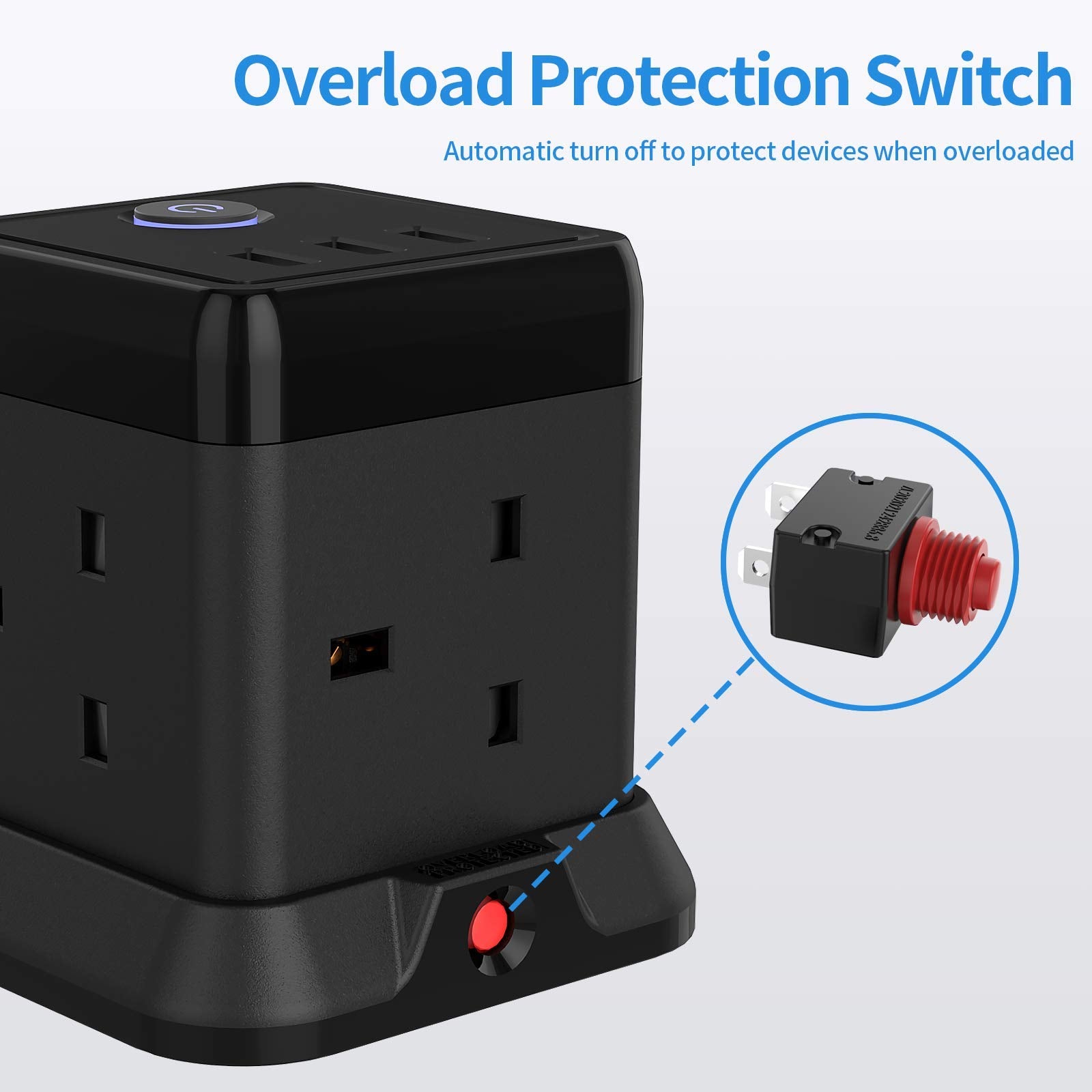 Hulker 3M Cube Extension Lead with 3 Slots 4 Gang Plug Socket with Switch 4 Way Power Strip with 3 USB Port 3 Metre Extension Cable Black 13A 3250W for Home Dorm Office