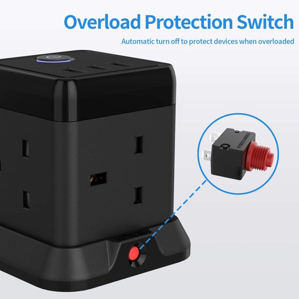 Hulker 3M Cube Extension Lead with 3 Slots 4 Gang Plug Socket with Switch 4 Way Power Strip with 3 USB Port 3 Metre Extension Cable Black 13A 3250W for Home Dorm Office