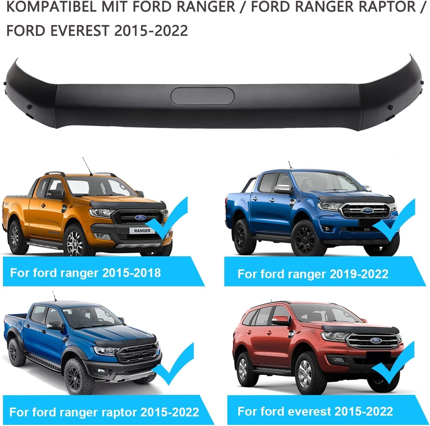 JHCHAN Bonnet Guard for Ford Ranger 2015-2022 Wildtrak Raptor XL XLT Limited Stormtrak T7 T8 Bonnet Wind Stone Deflector Protective Trim Accessories Matte Black ABS (Bonnet Protector Only)