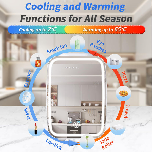 YASHE Mini Fridge for Bedroom, Skincare Fridge with LED Light Mirror, 4L Small Fridge Portable,220V AC/ 12V DC Thermoelectric Warmer & Cooler for Car Office Dorm(Blue)