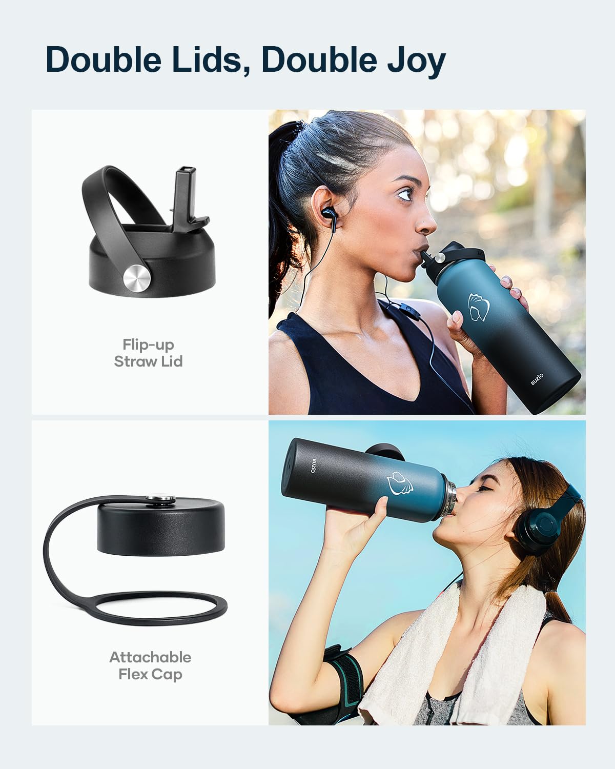 Stainless Steel Water Bottle 2L, BUZIO Vacuum Insulated Water Bottle with Straw Lid and Flex Cap Cold for 48 Hrs, Hot for 24 Hrs Double Wall Wide Mouth BPA Free Leak Proof, Black